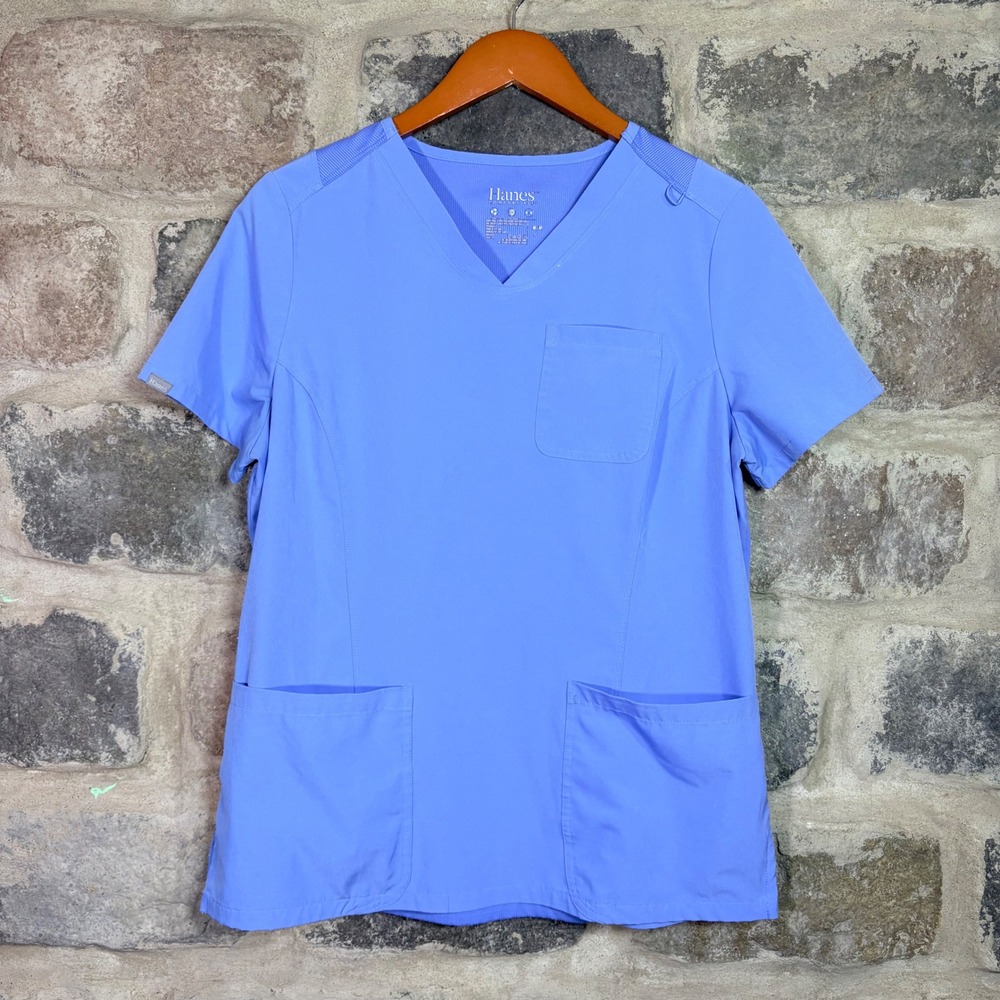 Hanes Comfort Fit Women Scrub Top Ceil Blue V-Neck 3-Pocket Medium 1015